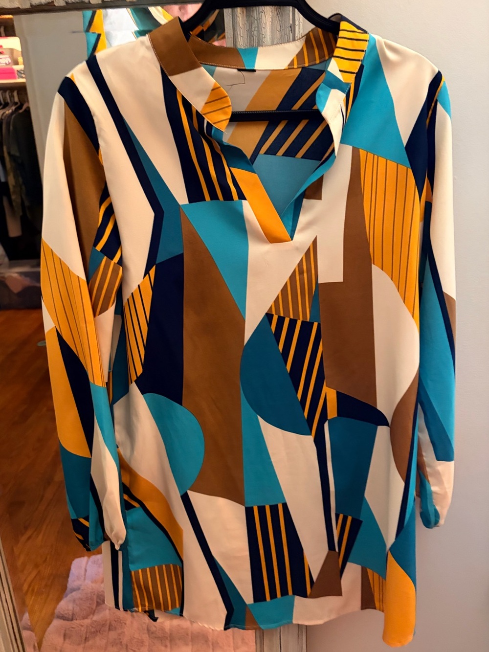 Abstract Patchwork Blouse w Tie